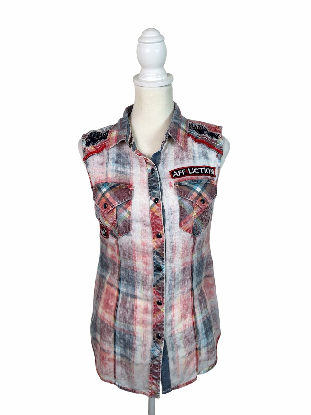 Affliction Black Premium Women’s Small Plaid Sleeveless Western Biker Shirt